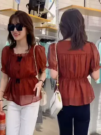 2023夏季新款淑女范短款气质雪纺衫甜美木耳边减龄修身显瘦上衣女商品大图