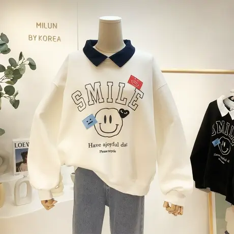 原宿风慵懒上衣韩国东大门春秋季ins桃心字母笑脸Polo领宽松卫衣商品大图