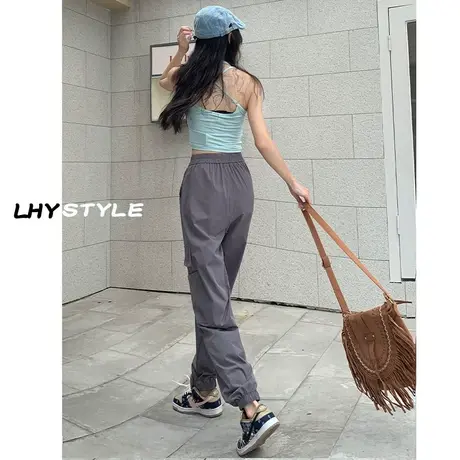 灰色休闲工装裤女秋季爆款2023年新款设计感显瘦冰丝速干哈伦裤子图片
