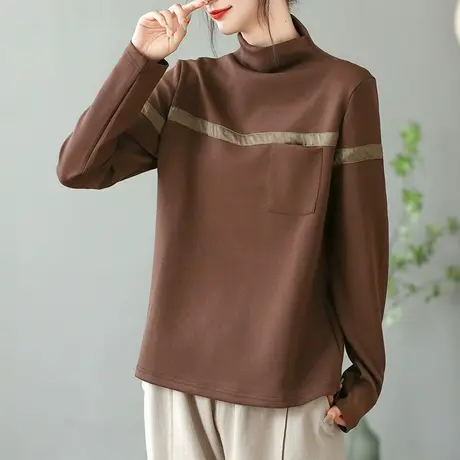 dza复古拼接高领长袖T恤女士秋冬洋气内搭口袋上衣宽松休闲打底衫商品大图