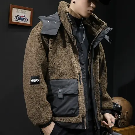 羊羔绒外套男冬季潮加厚日系2023新款男士休闲工装棉衣上衣秋冬款图片