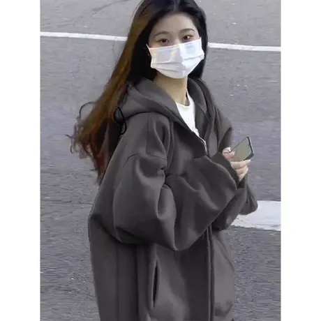 oversize卫衣女秋冬季宽松韩系慵懒风小个子连帽加绒加厚开衫外套商品大图