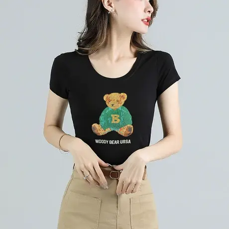 卡通熊图案漂亮T恤女欧洲站夏季新修身短袖纯棉上衣重工字母体恤商品大图