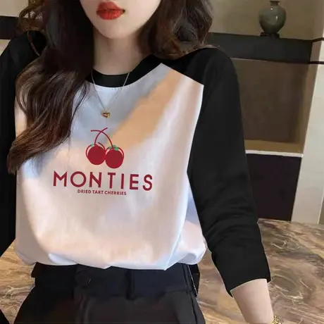 黑白色拼接插肩袖长袖T恤女2023年春秋新款宽松内搭打底衫上衣潮图片