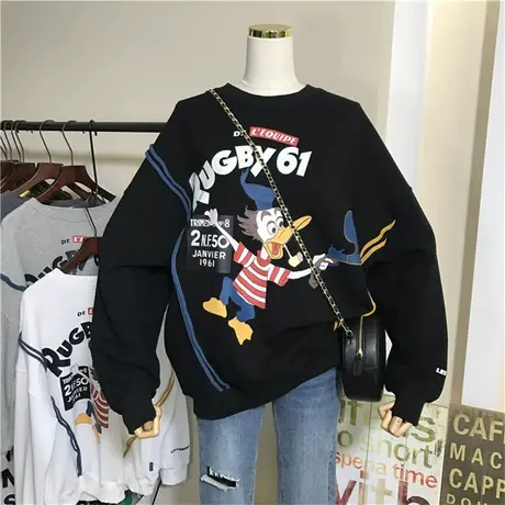 卫衣女春秋薄款2021新款韩版ins潮卡通图案宽松休闲无帽外套上衣商品大图