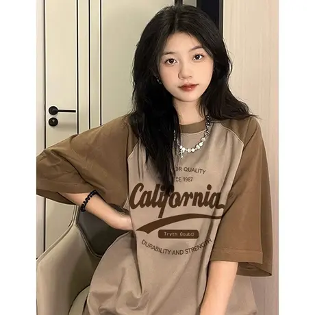 短袖T恤女2023新款夏季原宿风大码纯棉ins潮复古日系咖色撞色上衣图片