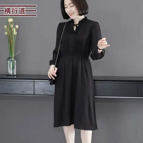 简约木耳边立领纯色蝴蝶结中长款九分袖连衣裙女外穿大码2024春装图片