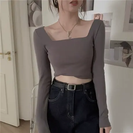 正肩方领辣妹长袖T恤女早秋季紧身显瘦漂亮短款上衣独特别致体恤图片