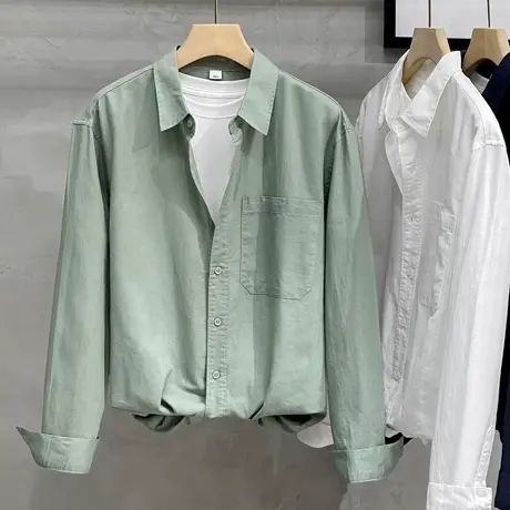 亚麻衬衫男长袖春秋宽松休闲日系文艺纯色棉麻衬衣男翻领外套上衣商品大图