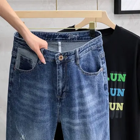 男士蓝色牛仔裤潮牌九分裤子春秋季新款修身小脚破洞宽松直筒男裤图片
