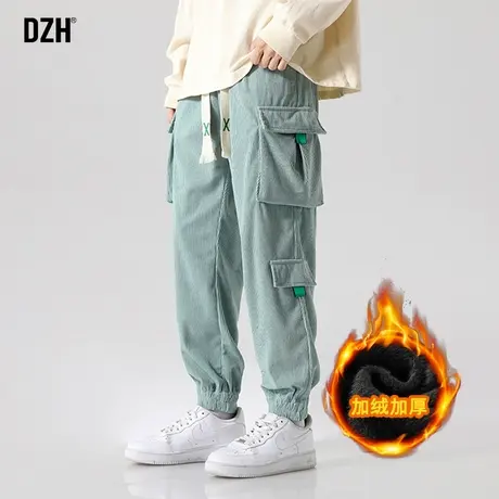 男生绿色灯芯绒裤子男加绒冬季2023新款工装运动卫裤休闲宽松加厚商品大图
