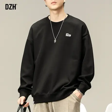 男生黑色重磅卫衣男圆领春秋款潮牌无帽男装2023新款长袖上衣宽松商品大图