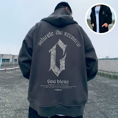 2024新款灰色卫衣男春秋季开衫胖子oversize大码宽松加绒连帽外套图片