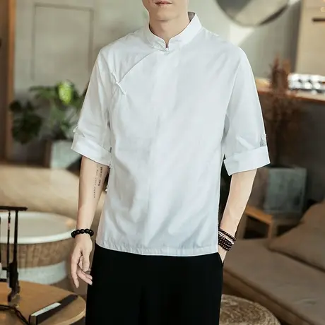 秋季薄款中袖棉麻汉服男改良中国风复古男士亚麻短袖盘扣茶服夏装图片