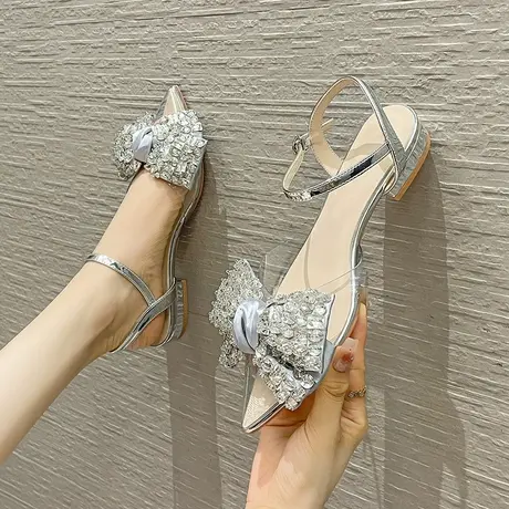 包头凉鞋2024夏季新款透明尖头蝴蝶结一字带法式水钻低跟平底凉鞋商品大图