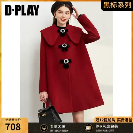 DPLAY冬娃娃领重工丝绒蝴蝶结闪钻装饰铁锈红宽松羊毛呢大衣商品大图