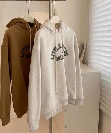 韩系字母印花加绒连帽卫衣女！秋冬宽松加厚复古咖色休闲套头上衣图片