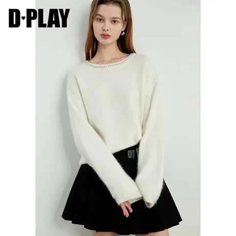 DPLAY春慵懒风奶油白圆领闪钻宽松百搭氛围感羊毛针织毛衣女图片