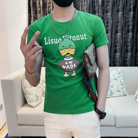 夏季男士t恤打底衫短袖修身半袖jins潮牌卡通图案ins潮流圆领体恤商品大图