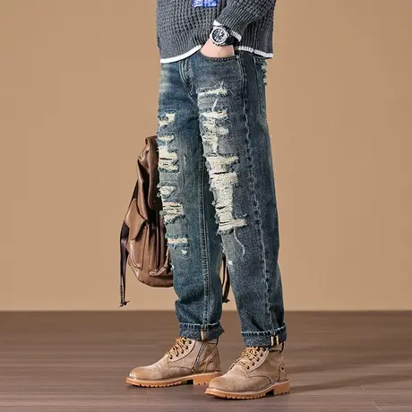 百搭直筒牛仔裤时尚做旧高档牛仔裤男款水洗修身小脚潮流牛仔裤商品大图