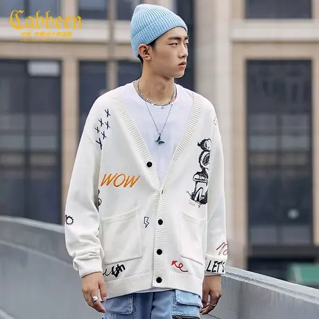 卡宾男装休闲针织外套秋冬款趣味卡通印花涂鸦刺绣商品大图