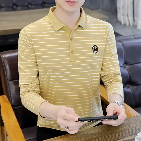 条纹翻领Polo衫男士秋季新款2022潮牌青年长袖T恤男打底衫男装潮商品大图