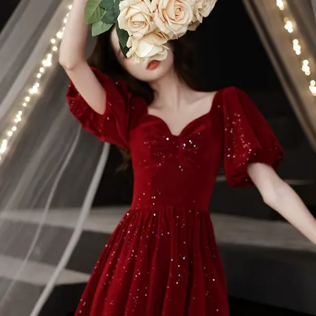 敬酒服新娘2023新款女夏季订婚回门礼服连衣裙遮手臂法式泡泡袖图片