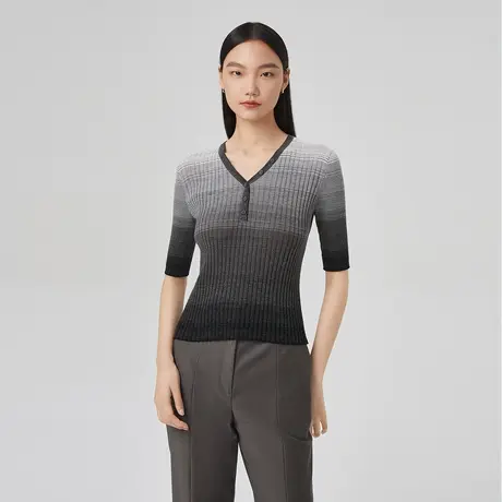 【纯羊毛】LANCY/俪雅春季新款渐变套头针织衫女收腰显瘦图片
