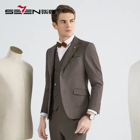 柒牌清仓西装套装男2022秋冬英伦风细格纹西服马甲西裤礼服三件套商品大图
