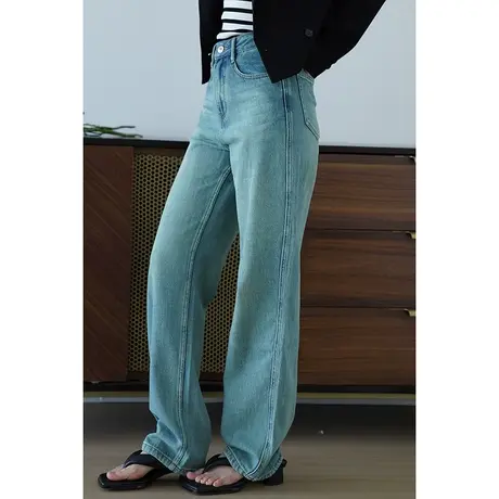 嘉茱莉2024春季新款复古牛仔裤女高腰直筒裤长款宽松休闲裤小个子商品大图