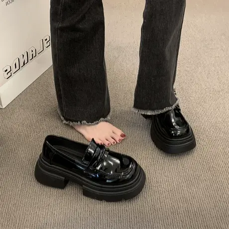 复古黑色厚底小皮鞋女英伦风春秋百搭一脚蹬乐福鞋小个子粗跟单鞋图片