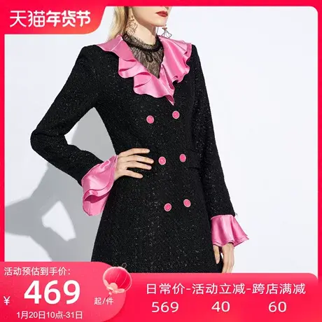 AUI黑色名媛小香风毛呢外套女2024春新款御姐气质中长款呢子大衣图片