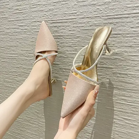 包头半拖鞋女两穿2024新款网红水钻一脚蹬包头拖高跟拖鞋时尚外穿商品大图