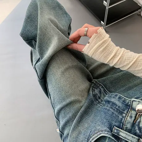 窄版阔腿牛仔裤女2024年春秋新款高腰宽松显瘦垂感复古直筒拖地裤商品大图