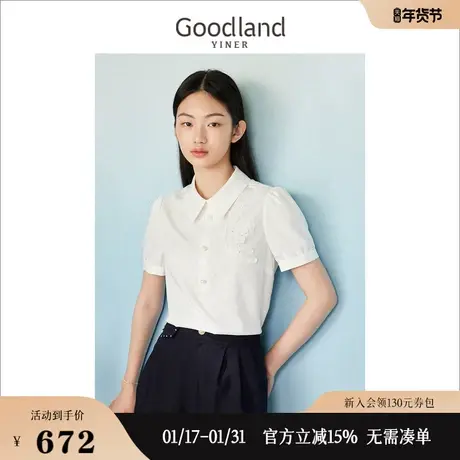 Goodland美地女装2023夏季立体玫瑰POLO领休闲衬衫短袖上衣商品大图