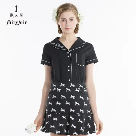 淑女屋polo翻领单排多扣短袖衬衣黑色图片