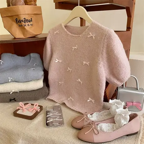 奶系少女温柔小蝴蝶结短袖毛衣女早春季甜美版型软糯针织小衫上衣商品大图