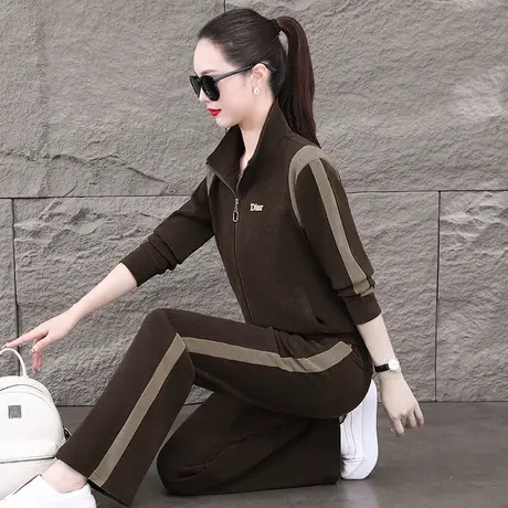 条绒休闲套装女秋冬2024年新款时尚立领拉链外套显瘦运动服两件套商品大图