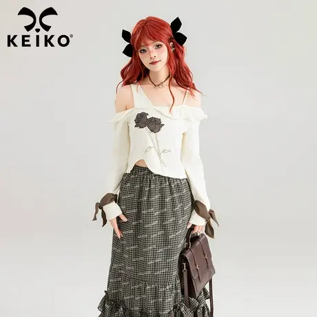 KEIKO 浪漫玫瑰印花吊带上衣女2024春夏甜辣妹一字肩修身显瘦小衫图片