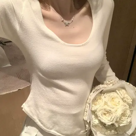 德绒打底衫女秋冬内搭洋气低圆领长袖t恤辣妹纯欲风收腰短款上衣商品大图