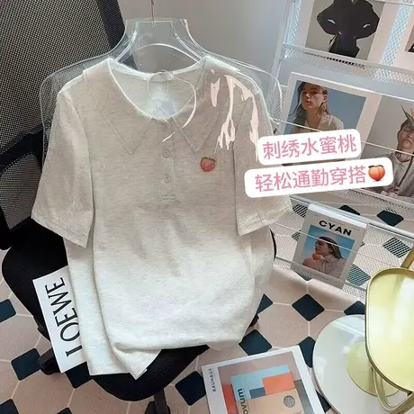 纯棉polo衫刺绣水蜜桃短袖t恤女夏季新款设计感小众宽松半袖上衣商品大图