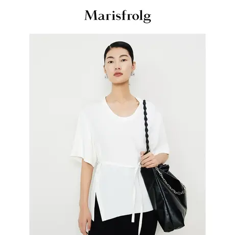 【6A级桑蚕丝】玛丝菲尔2023年夏季新款白色U型领侧边开叉短袖T恤图片