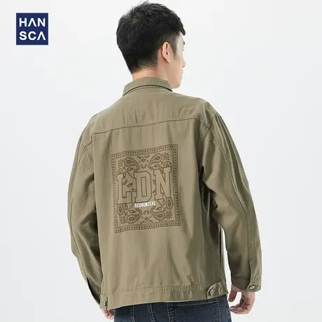 汉斯卡翻领工装外套男春秋2021新款潮牌日系宽松休闲夹克男装上衣商品大图