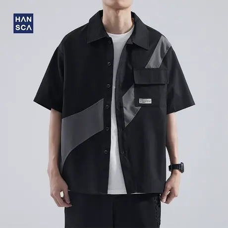 hansca 工装短袖衬衫男士夏季薄款衬衣日系半袖拼接宽松翻领外套商品大图