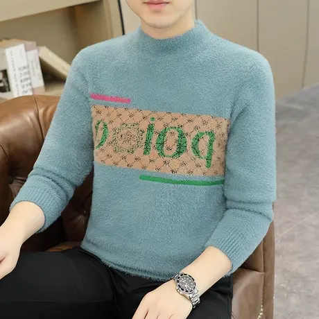 2023秋冬男士仿貂绒针织衫半高领冬季男装上衣服潮流毛衣个性线衣图片