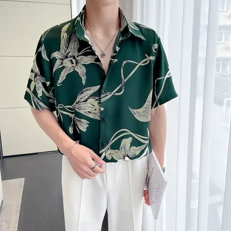 夏威夷度假风休闲印花衬衫男短袖夏天冰丝凉感宽松半袖衬衣潮痞帅图片