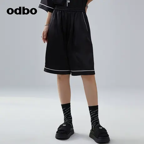 odbo/欧迪比欧时尚睡衣风撞色束腰休闲裤女春季新款运动五分裤子商品大图
