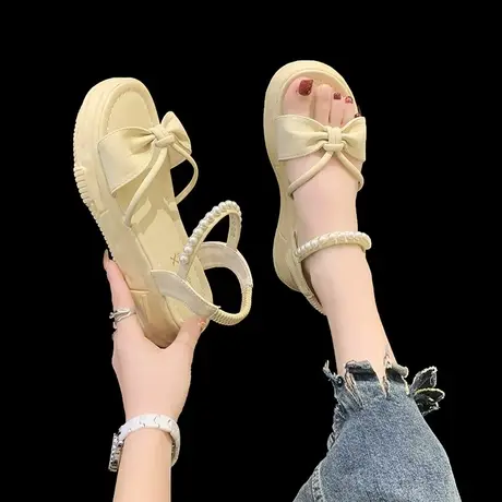 温柔珍珠厚底仙女风凉鞋女配裙子2024年夏季新款时尚百搭罗马鞋潮商品大图