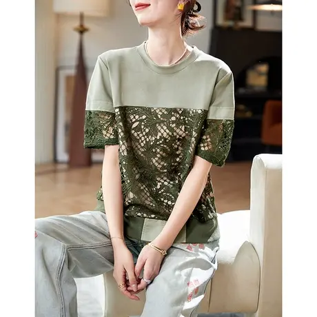 宝诗黎【新品价168元】圆领蕾丝拼接短袖T恤AMF1001商品大图