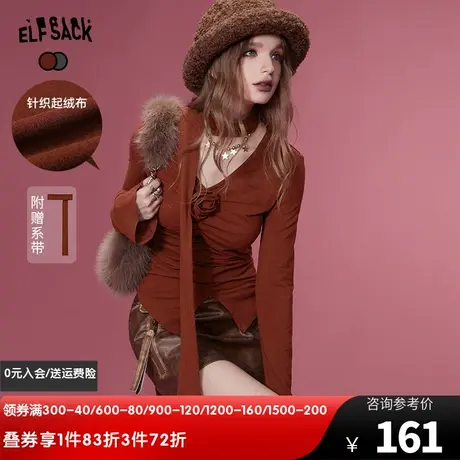 妖精的口袋系带设计感长袖t恤女2023冬季新款修身短款上衣打底衫图片